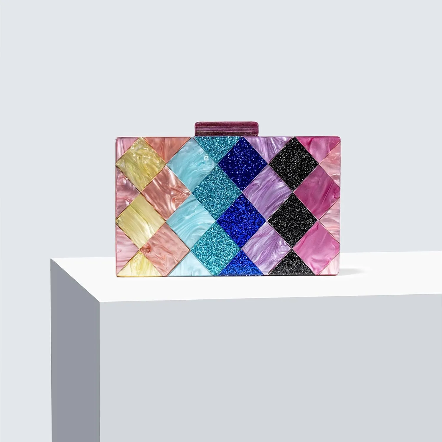 Women Acrylic Diamond Clutch Marbled Shining Square Box Handbag Smooth Chic Shoulder Handbag for Party Prom Club