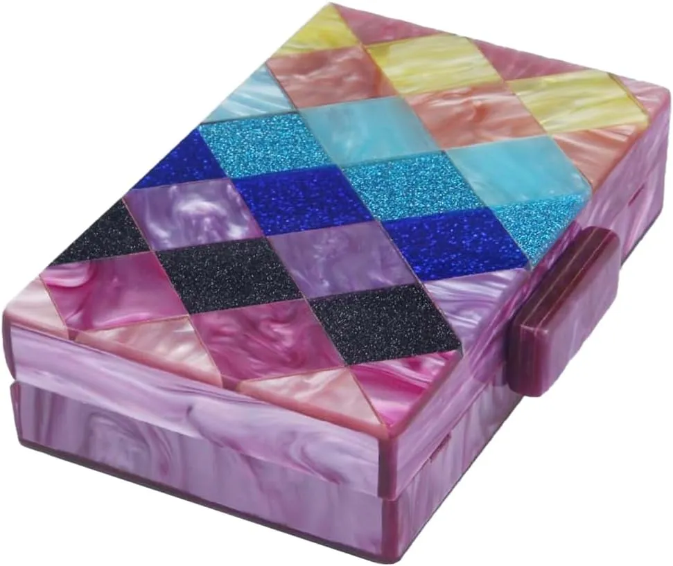 Women Acrylic Diamond Clutch Marbled Shining Square Box Handbag Smooth Chic Shoulder Handbag for Party Prom Club