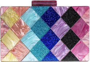 Women Acrylic Diamond Clutch Marbled Shining Square Box Handbag Smooth Chic Shoulder Handbag for Party Prom Club
