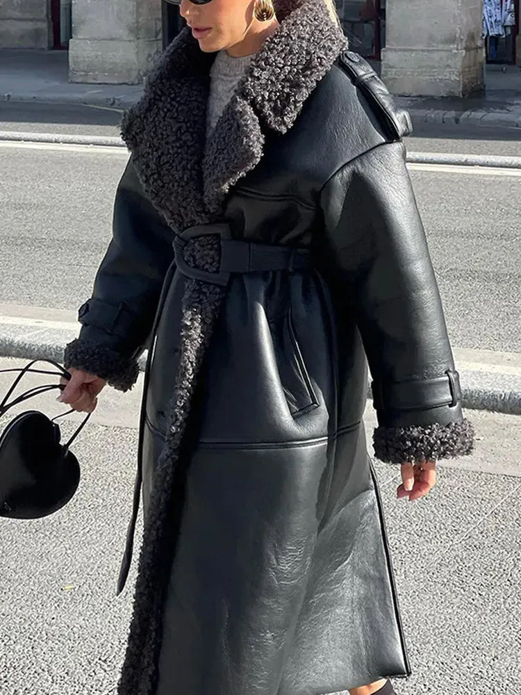 Women Black Lamb Wool Patchwork Leather Overcoat Fashion Lapel High Waist Pockets Jacket With Belt Winter Lady Street Warm Coats