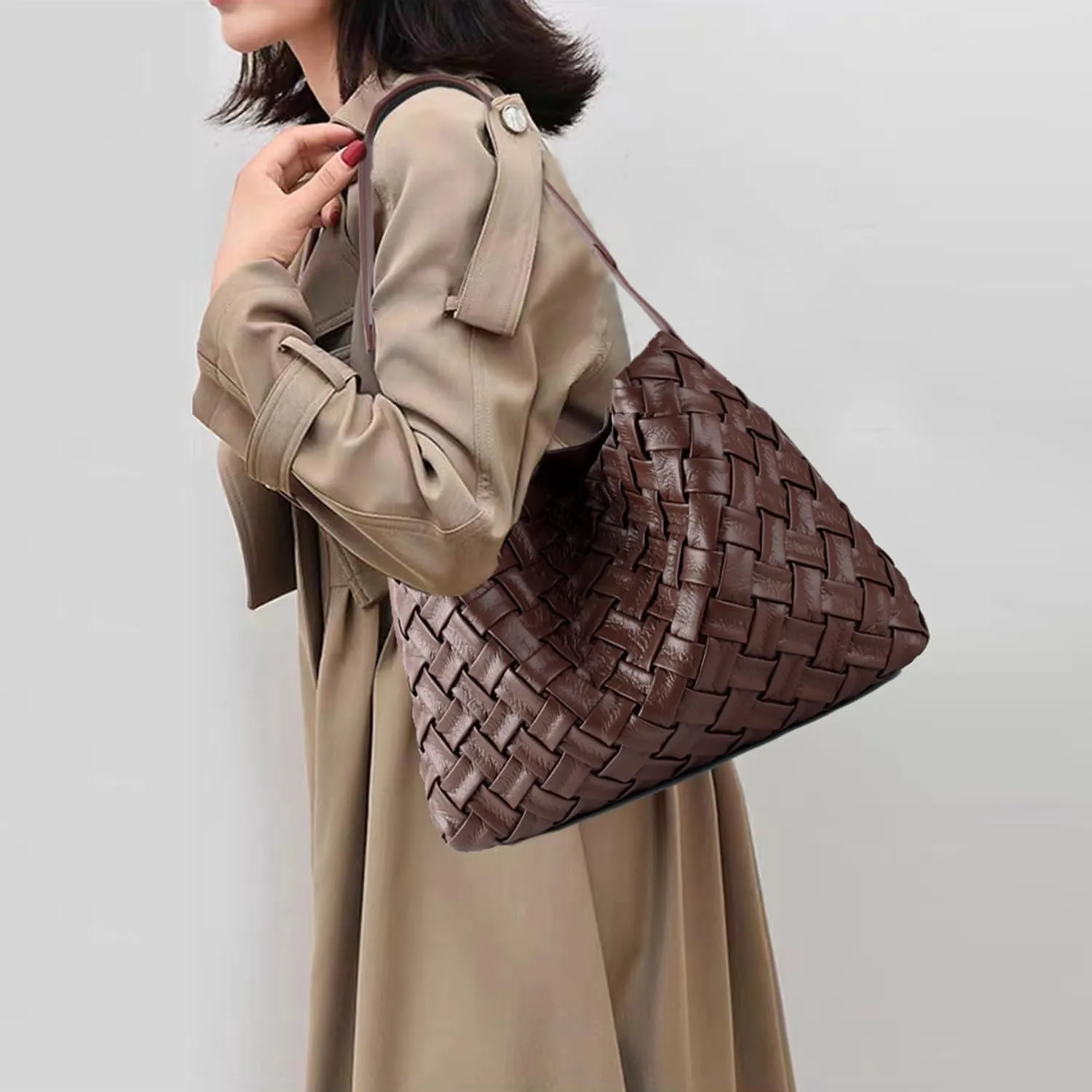 Women Boston Bag Woven Tote Vegan Leather Handbags Female Satchel Messenger Bag Fashion Shoulder Crossbody Bag Casual Hobo