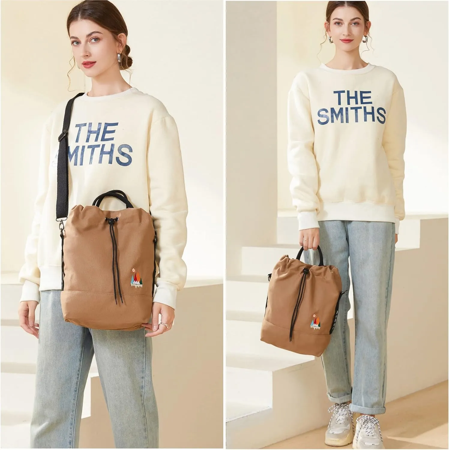 Women Canvas Tote Handbags Casual Shoulder Work Bag Crossbody Bag with Sunshine Embroidery