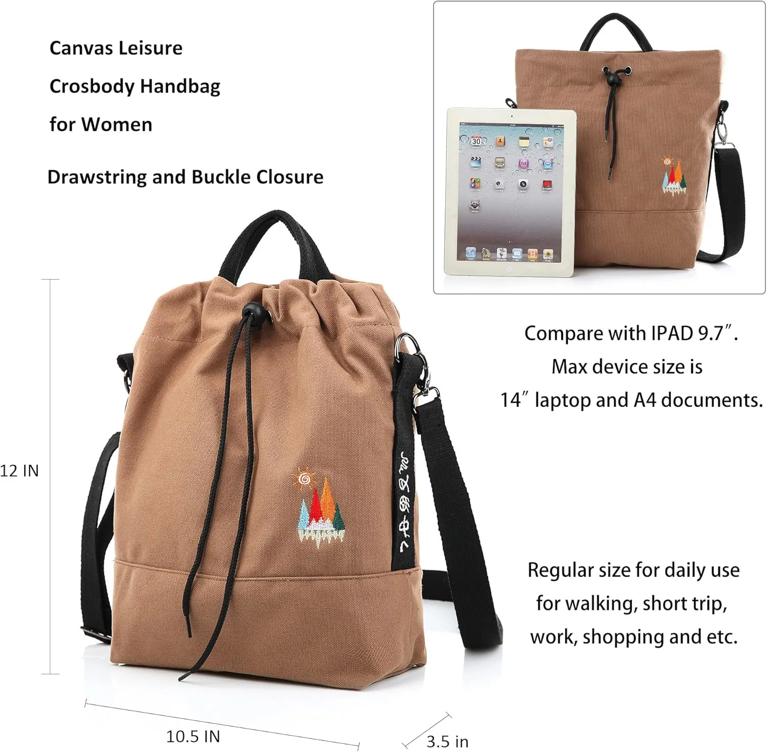 Women Canvas Tote Handbags Casual Shoulder Work Bag Crossbody Bag with Sunshine Embroidery