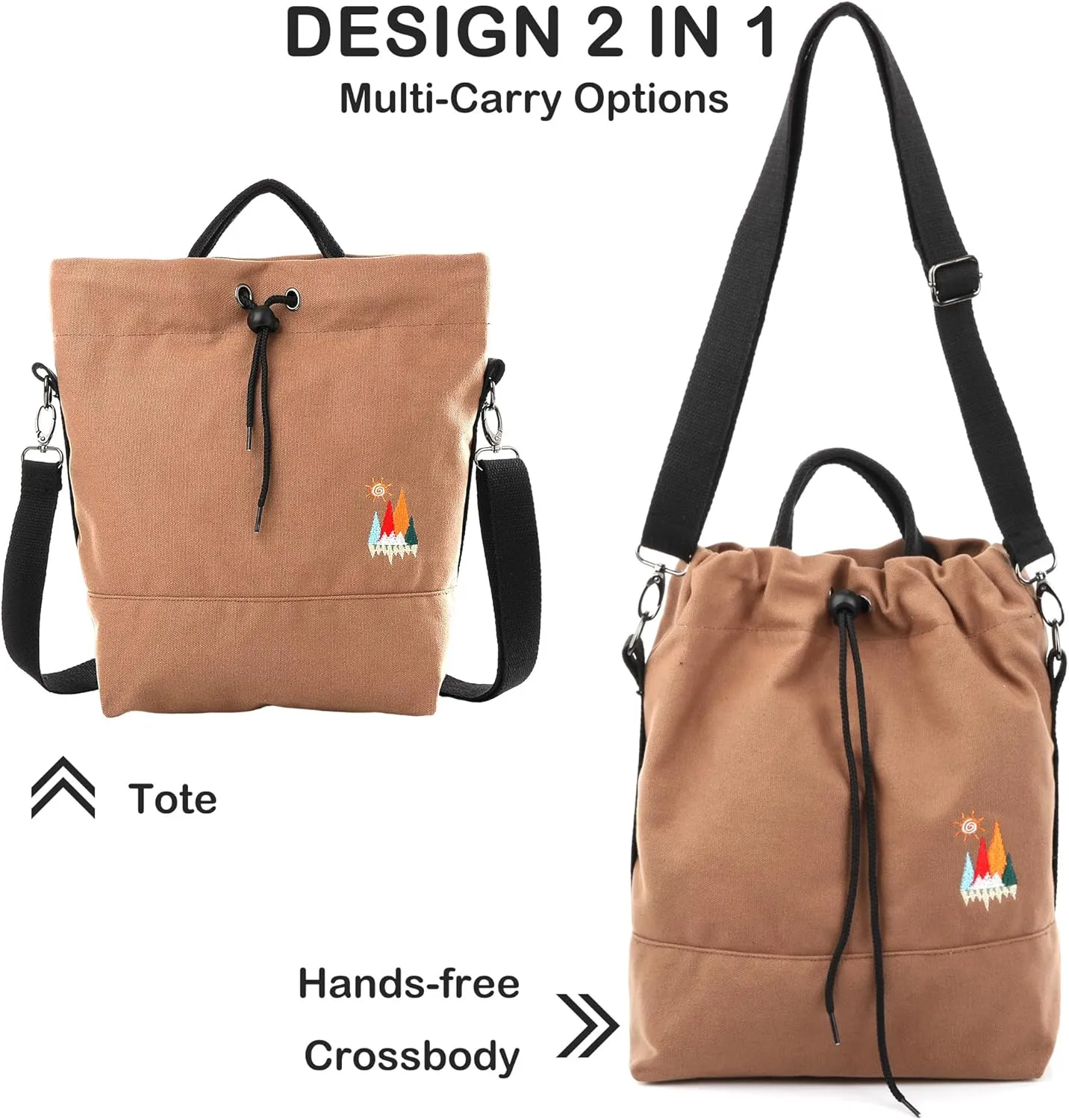 Women Canvas Tote Handbags Casual Shoulder Work Bag Crossbody Bag with Sunshine Embroidery