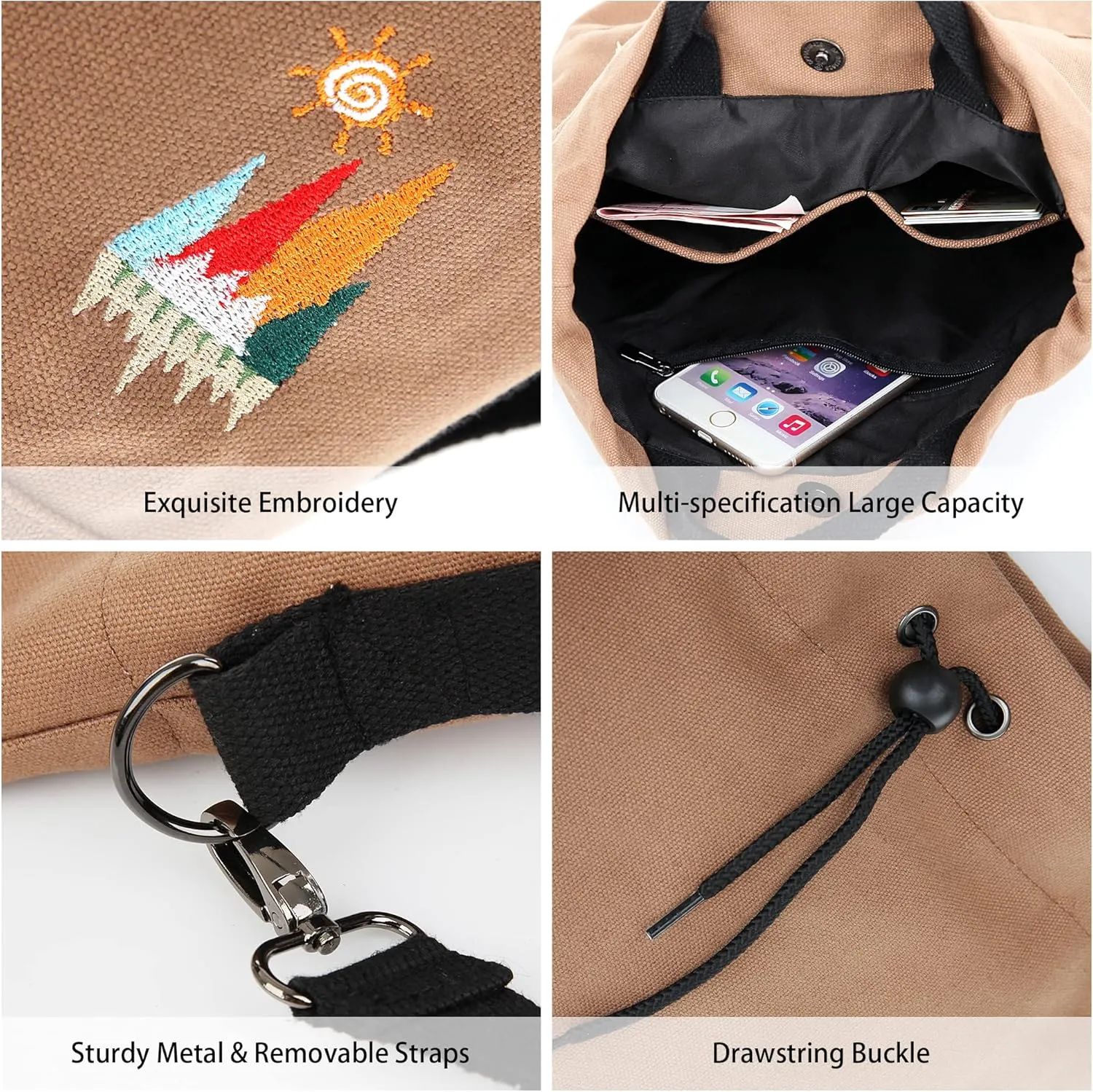 Women Canvas Tote Handbags Casual Shoulder Work Bag Crossbody Bag with Sunshine Embroidery