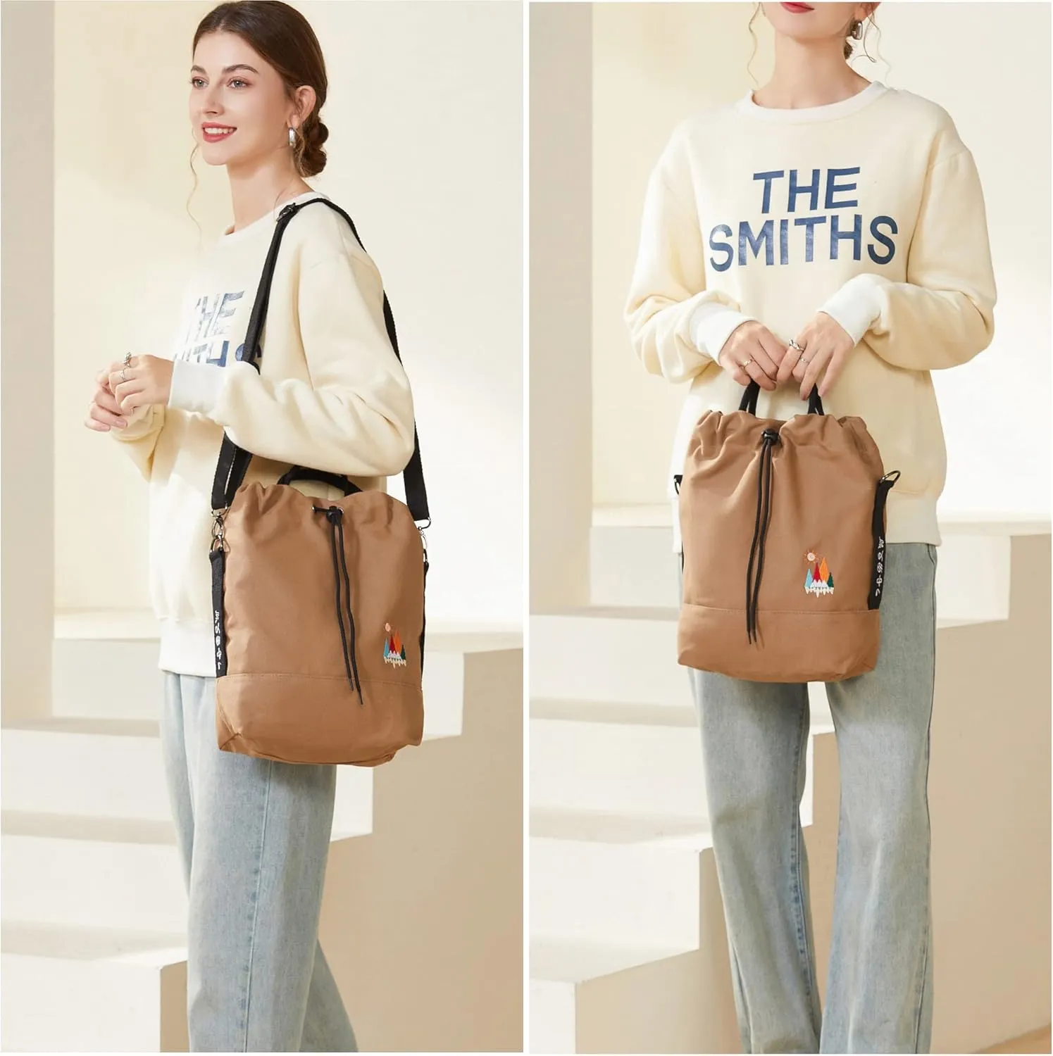 Women Canvas Tote Handbags Casual Shoulder Work Bag Crossbody Bag with Sunshine Embroidery