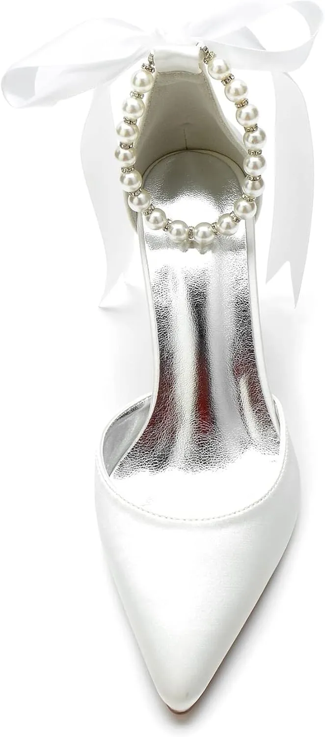 Women Chunky Heels Closed Pointed Toe Pumps,Women Sandals Ankle Strap with Pearl&Bow for Evening Party Platform Pump Shoes