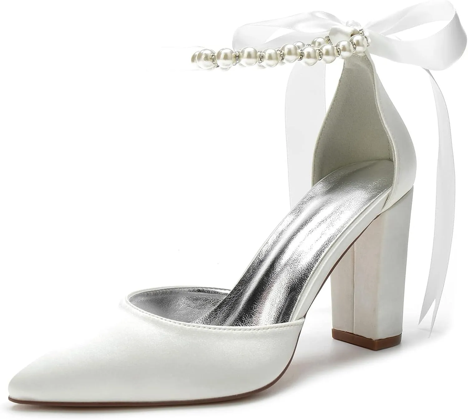 Women Chunky Heels Closed Pointed Toe Pumps,Women Sandals Ankle Strap with Pearl&Bow for Evening Party Platform Pump Shoes