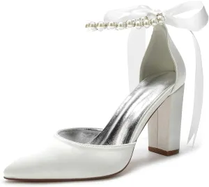 Women Chunky Heels Closed Pointed Toe Pumps,Women Sandals Ankle Strap with Pearl&Bow for Evening Party Platform Pump Shoes