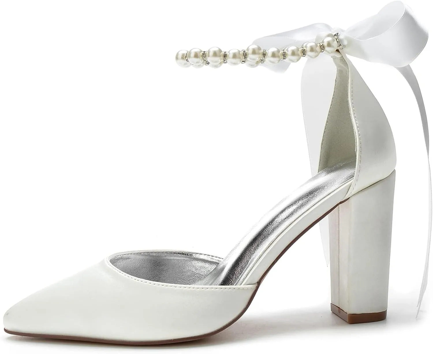 Women Chunky Heels Closed Pointed Toe Pumps,Women Sandals Ankle Strap with Pearl&Bow for Evening Party Platform Pump Shoes
