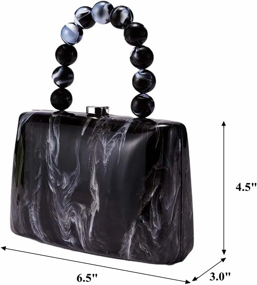 Women Classic Acrylic Marble Evening Bag Pearl Handle Clutch Purse Square Box Crossbody Bag for Cocktail Prom