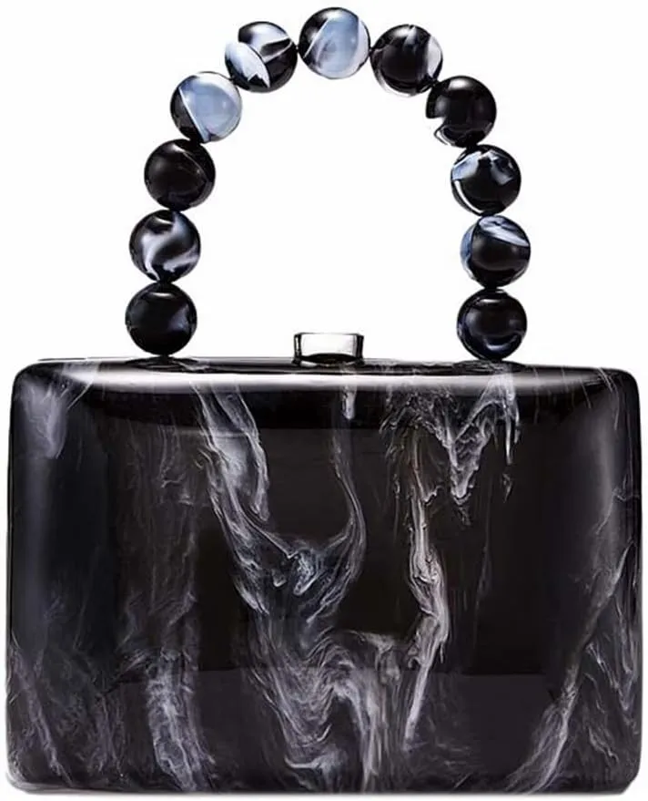 Women Classic Acrylic Marble Evening Bag Pearl Handle Clutch Purse Square Box Crossbody Bag for Cocktail Prom