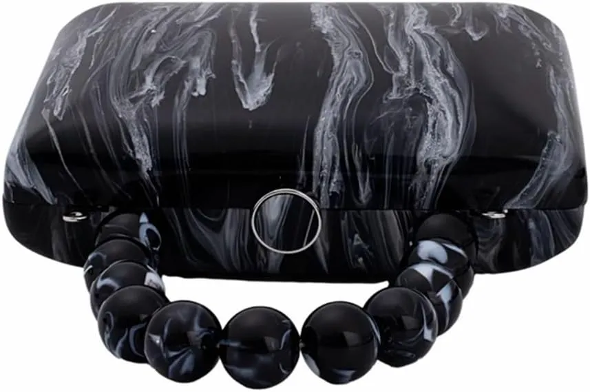 Women Classic Acrylic Marble Evening Bag Pearl Handle Clutch Purse Square Box Crossbody Bag for Cocktail Prom
