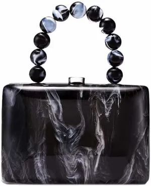 Women Classic Acrylic Marble Evening Bag Pearl Handle Clutch Purse Square Box Crossbody Bag for Cocktail Prom