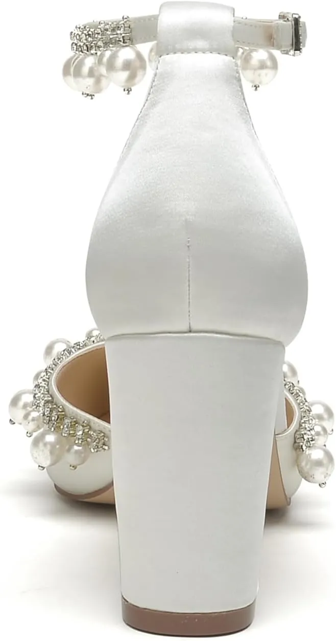 Women Closed Pointed Toe Wedding Heel Block Chunky Satin Pumps for Bride Pearls Prom Evening Dress Dance Shoes