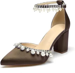 Women Closed Pointed Toe Wedding Heel Block Chunky Satin Pumps for Bride Pearls Prom Evening Dress Dance Shoes