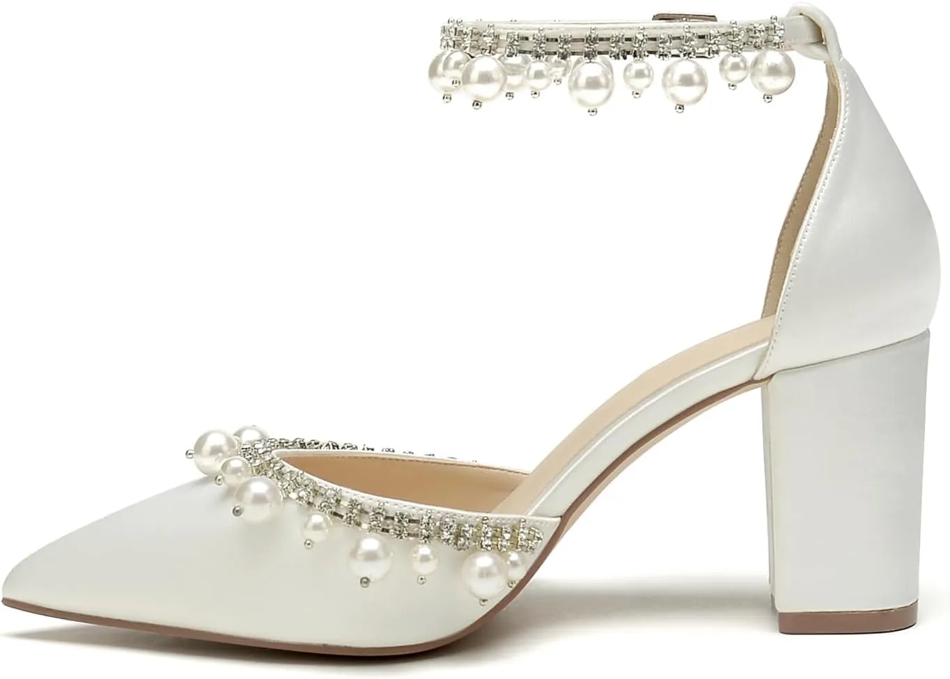 Women Closed Pointed Toe Wedding Heel Block Chunky Satin Pumps for Bride Pearls Prom Evening Dress Dance Shoes