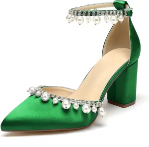 Women Closed Pointed Toe Wedding Heel Block Chunky Satin Pumps for Bride Pearls Prom Evening Dress Dance Shoes