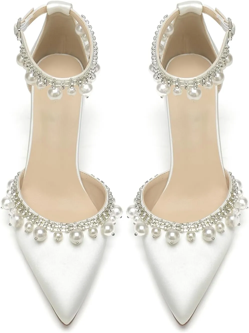 Women Closed Pointed Toe Wedding Heel Block Chunky Satin Pumps for Bride Pearls Prom Evening Dress Dance Shoes