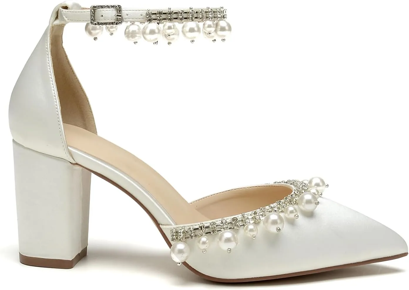 Women Closed Pointed Toe Wedding Heel Block Chunky Satin Pumps for Bride Pearls Prom Evening Dress Dance Shoes