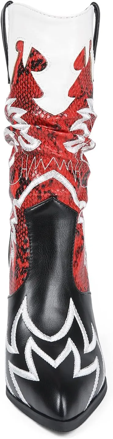 Women Cowboy Boots Mid Calf Embroidered Cowboy Boots for Women Knee High Chunky Heel Pointed Toe Wide Calf Western Boots Cowgirl Boots