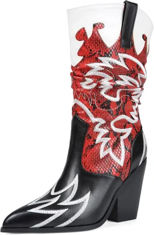 Women Cowboy Boots Mid Calf Embroidered Cowboy Boots for Women Knee High Chunky Heel Pointed Toe Wide Calf Western Boots Cowgirl Boots