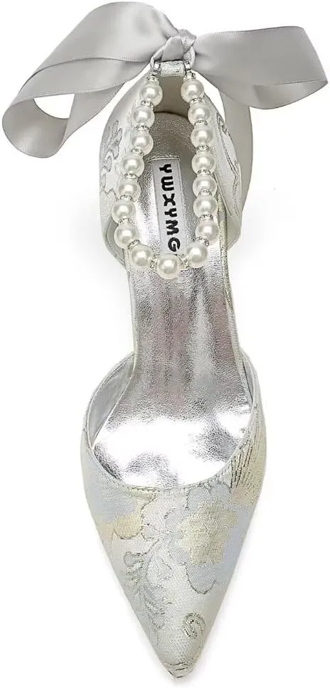 Women Floral Satin Pearl Wedding Shoes for Bride Closed Toe Bridal Heels