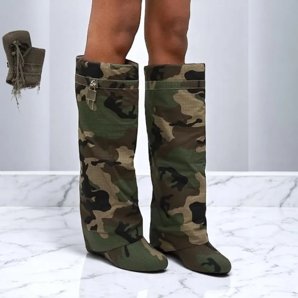 Women Fold Over Wedge Boots Padlock Knee High Fashion Pull On Boots