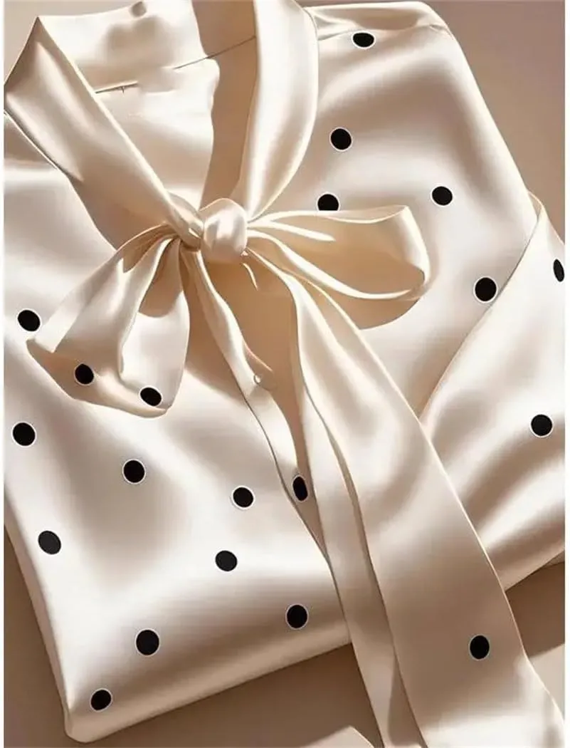 Women French Satin Shirt Polka Dot Bow Long Sleeve Lace-Up Blouse Office Casual Fashion Top