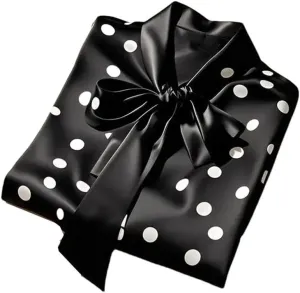 Women French Satin Shirt Polka Dot Bow Long Sleeve Lace-Up Blouse Office Casual Fashion Top