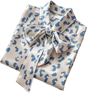 Women French Satin Shirt Polka Dot Bow Long Sleeve Lace-Up Blouse Office Casual Fashion Top