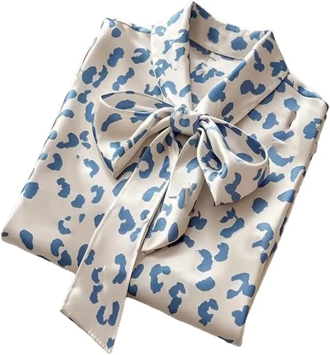 Women French Satin Shirt Polka Dot Bow Long Sleeve Lace-Up Blouse Office Casual Fashion Top