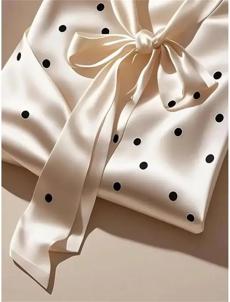 Women French Satin Shirt Polka Dot Bow Long Sleeve Lace-Up Blouse Office Casual Fashion Top