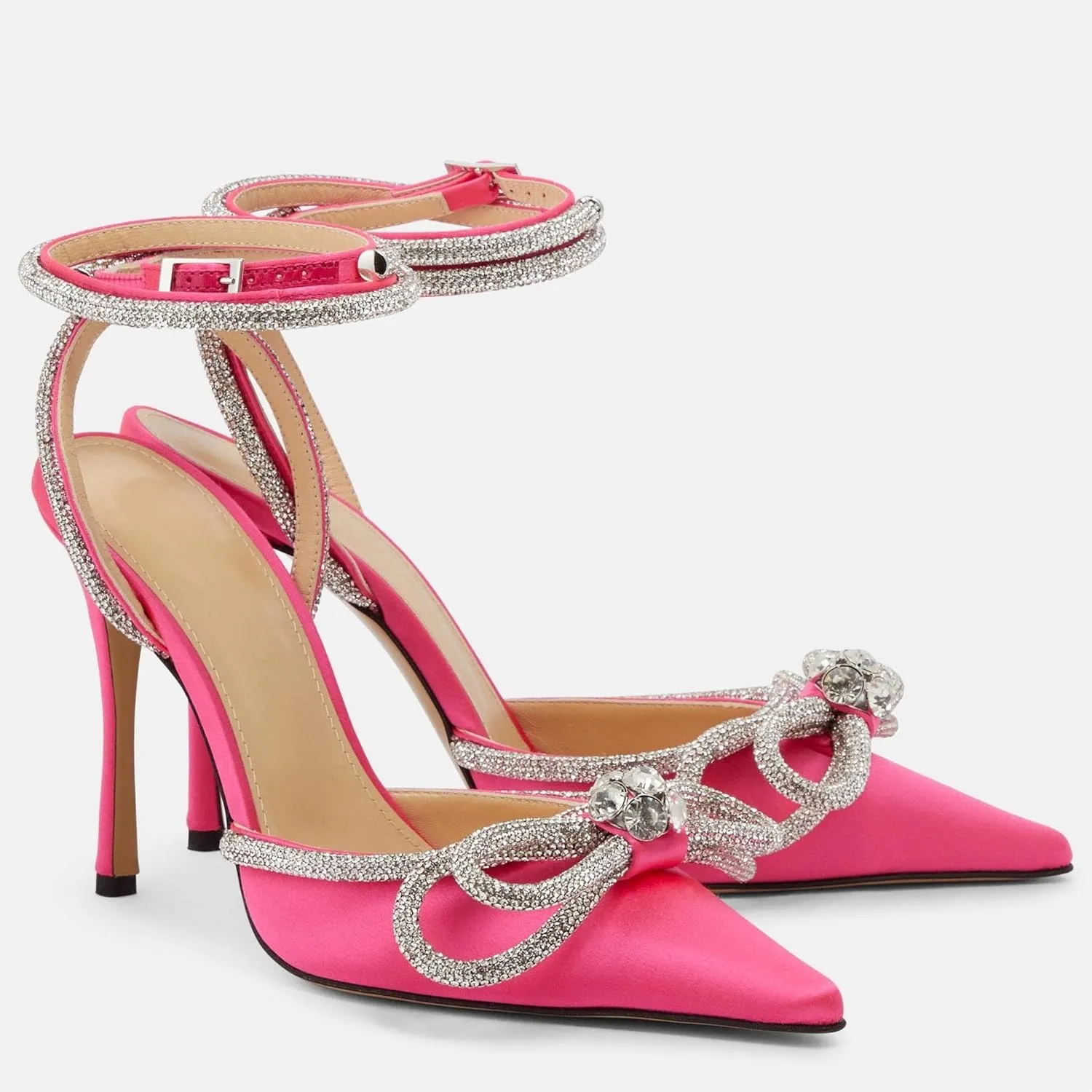 Women High Heeled Sandals Rhinestone Bow Heels Crystal Ankle Strap Stiletto Heeled Pumps Pointed Toe Satin for Bridal Wedding Dress Party Shoes