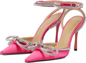 Women High Heeled Sandals Rhinestone Bow Heels Crystal Ankle Strap Stiletto Heeled Pumps Pointed Toe Satin for Bridal Wedding Dress Party Shoes