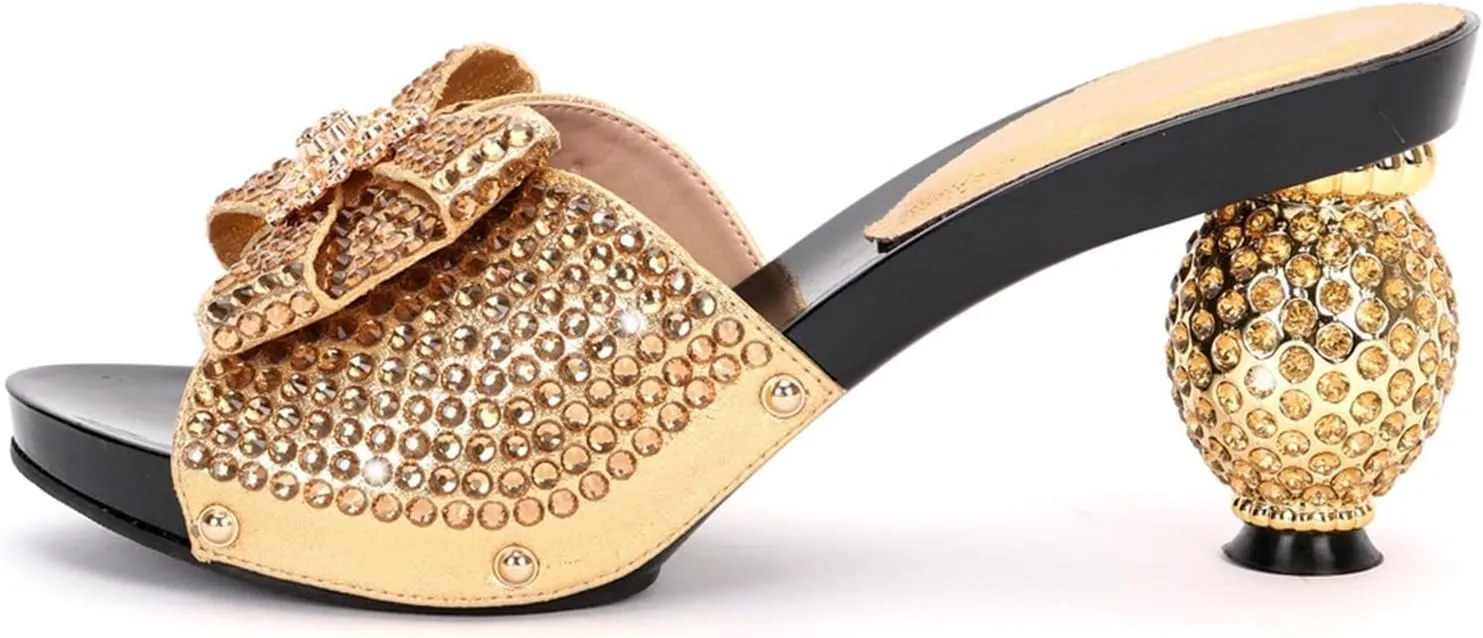 Women Italian Shoes and Bags Set Shiny Rhinestones Bow Slip On Fish Mouth High Heel Slippers Large Capacity Lightweight Clutch for Evening Party
