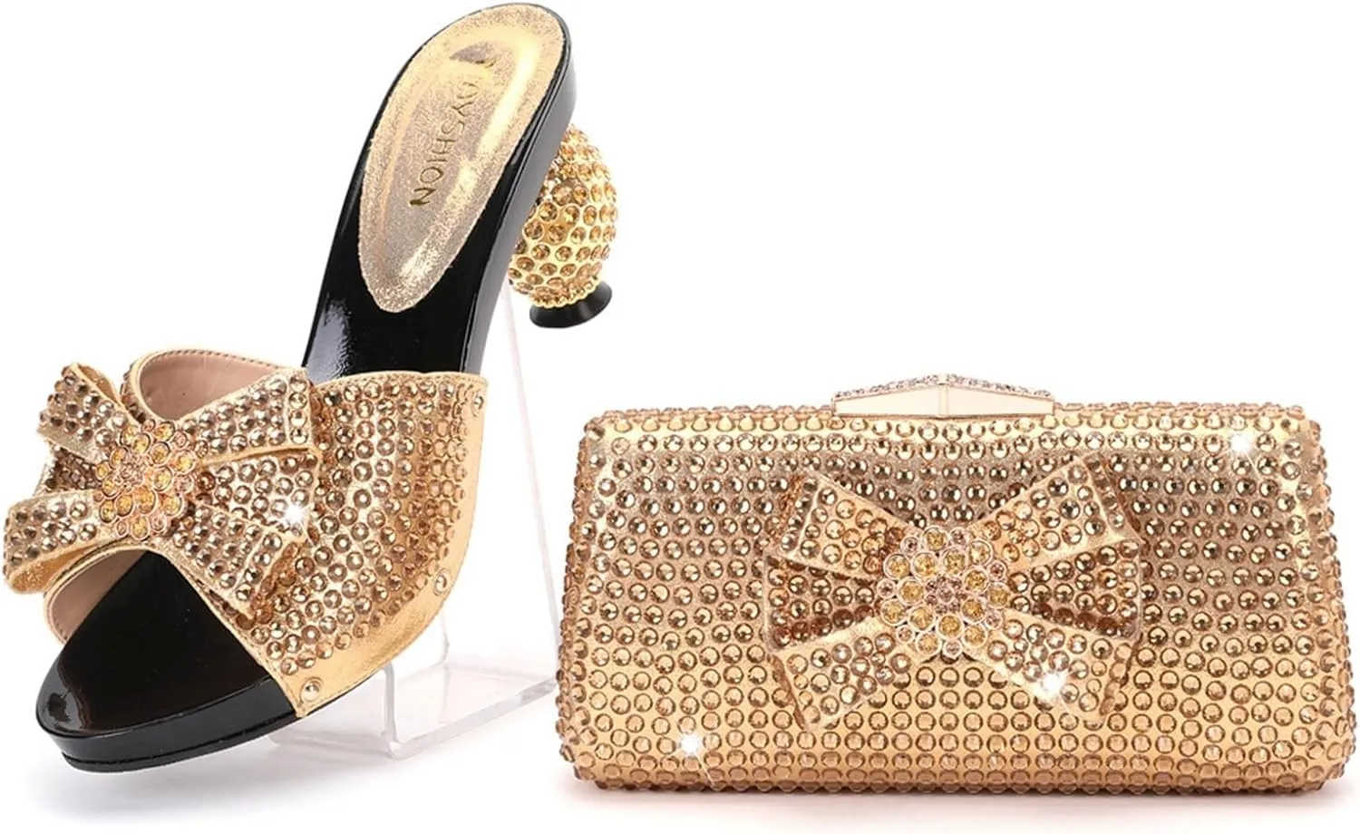 Women Italian Shoes and Bags Set Shiny Rhinestones Bow Slip On Fish Mouth High Heel Slippers Large Capacity Lightweight Clutch for Evening Party