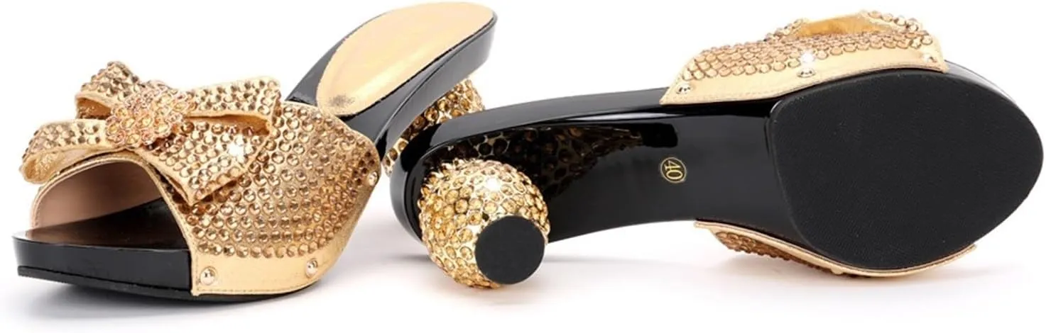 Women Italian Shoes and Bags Set Shiny Rhinestones Bow Slip On Fish Mouth High Heel Slippers Large Capacity Lightweight Clutch for Evening Party