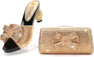 Women Italian Shoes and Bags Set Shiny Rhinestones Bow Slip On Fish Mouth High Heel Slippers Large Capacity Lightweight Clutch for Evening Party