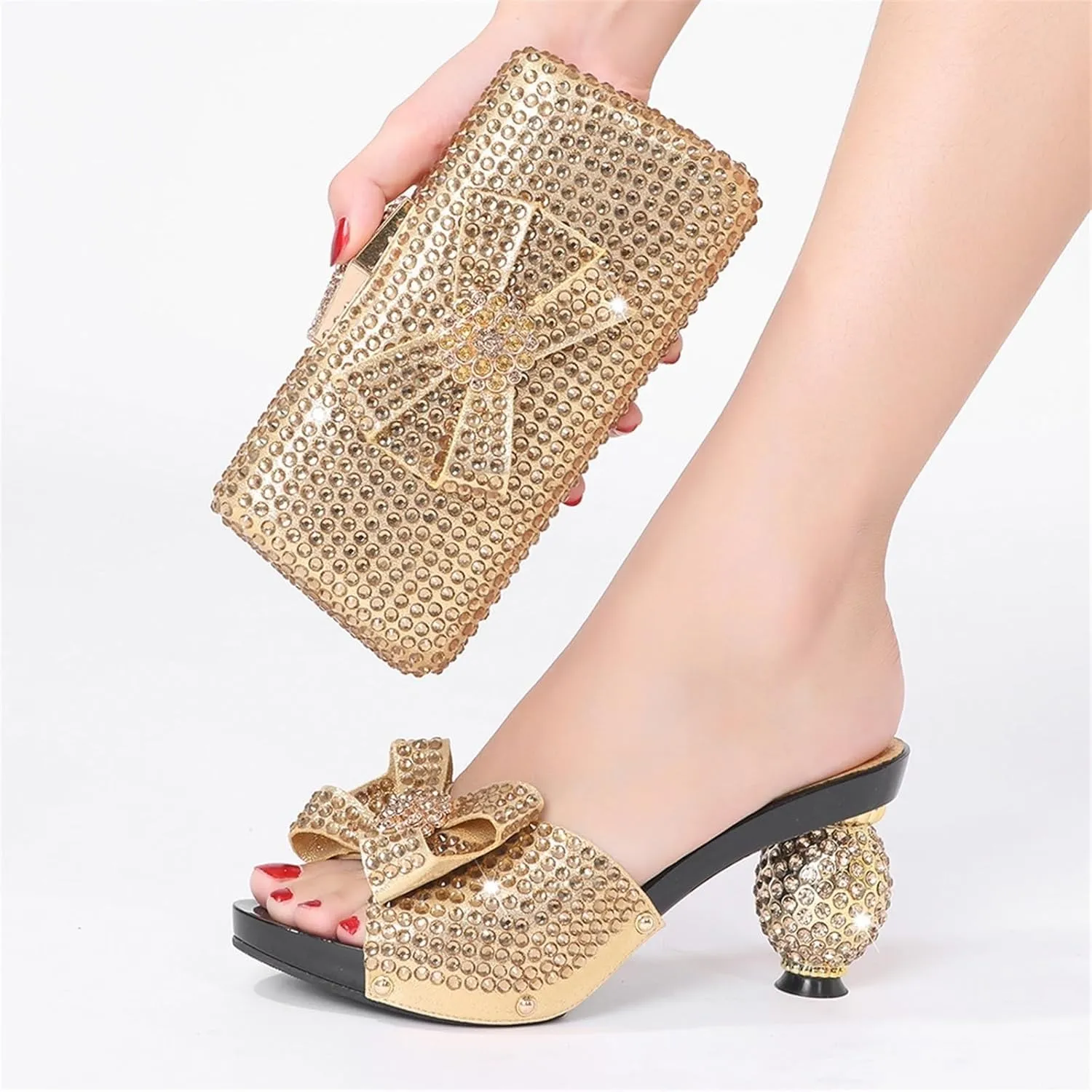 Women Italian Shoes and Bags Set Shiny Rhinestones Bow Slip On Fish Mouth High Heel Slippers Large Capacity Lightweight Clutch for Evening Party