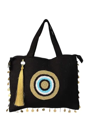 Women Jute Beach Tote Bag Black Gold with Long Tassel Eco Friendly Sustainable