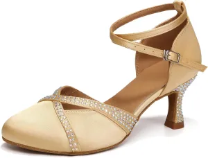 Women Latin Dance Shoes Closed Toe with Rhinestone Salsa Tango Ballroom Practice Dancing Shoes for Wedding Party