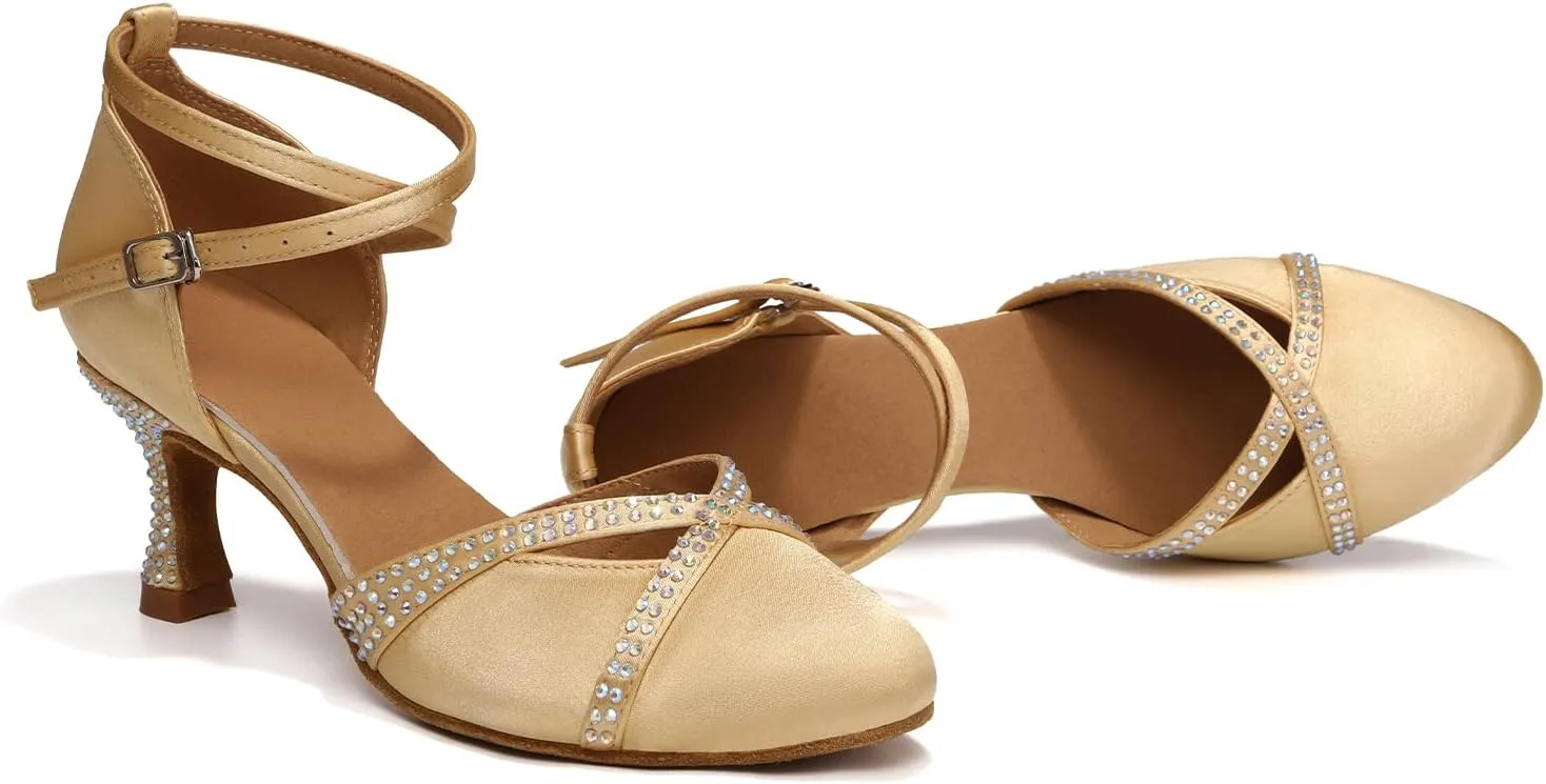 Women Latin Dance Shoes Closed Toe with Rhinestone Salsa Tango Ballroom Practice Dancing Shoes for Wedding Party