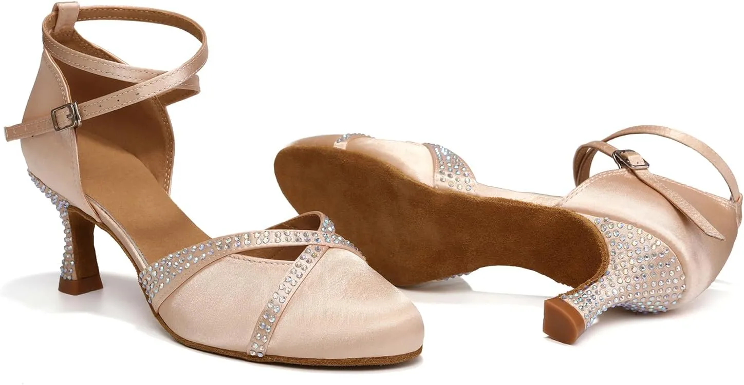 Women Latin Dance Shoes Closed Toe with Rhinestone Salsa Tango Ballroom Practice Dancing Shoes for Wedding Party