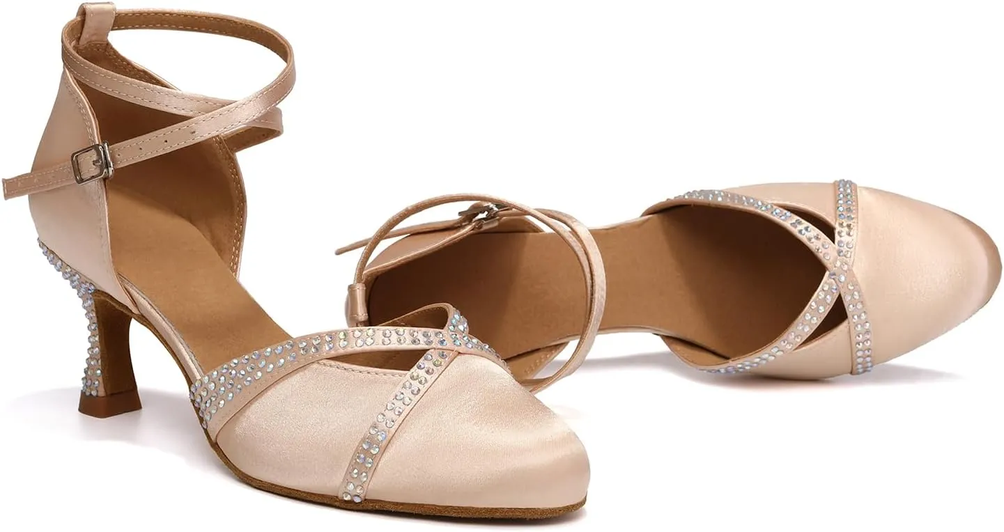 Women Latin Dance Shoes Closed Toe with Rhinestone Salsa Tango Ballroom Practice Dancing Shoes for Wedding Party