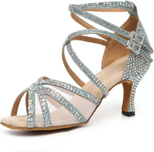 Women Latin Dance Shoes Rhinestones Ballroom Salsa Bachata Wedding Perfermence Dancing Shoes,Model YCL508