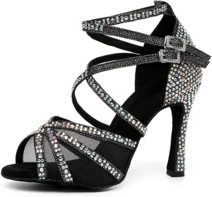 Women Latin Dance Shoes Rhinestones Ballroom Salsa Bachata Wedding Perfermence Dancing Shoes,Model YCL508