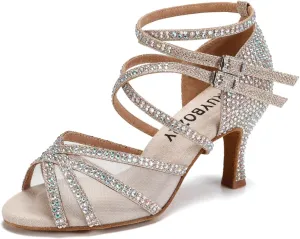 Women Latin Dance Shoes Rhinestones Ballroom Salsa Bachata Wedding Perfermence Dancing Shoes,Model YCL508