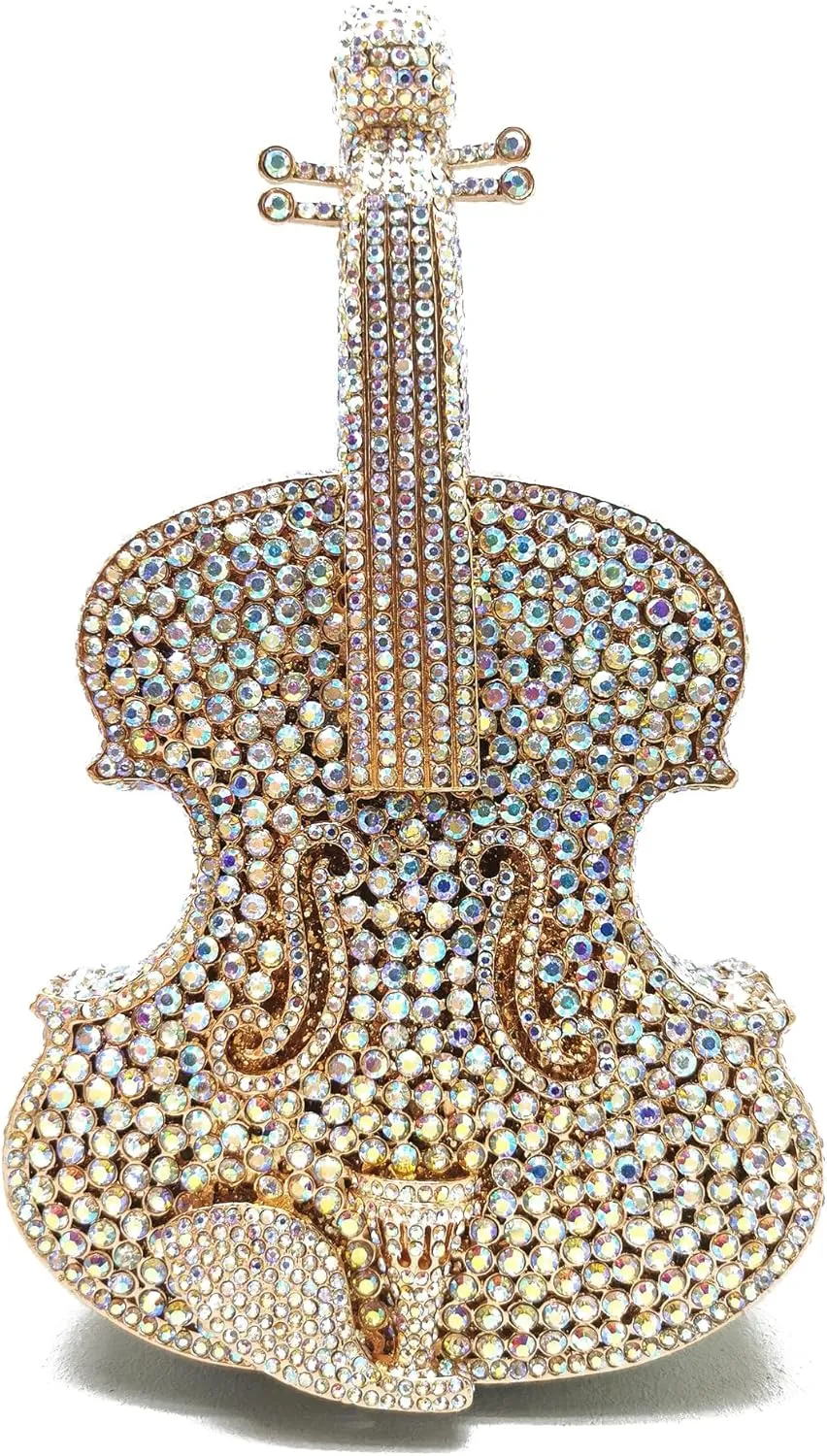 Women Mini Violin Evening Bag Sparkling Rhinestones Clutch Wedding Party Banquet Purse