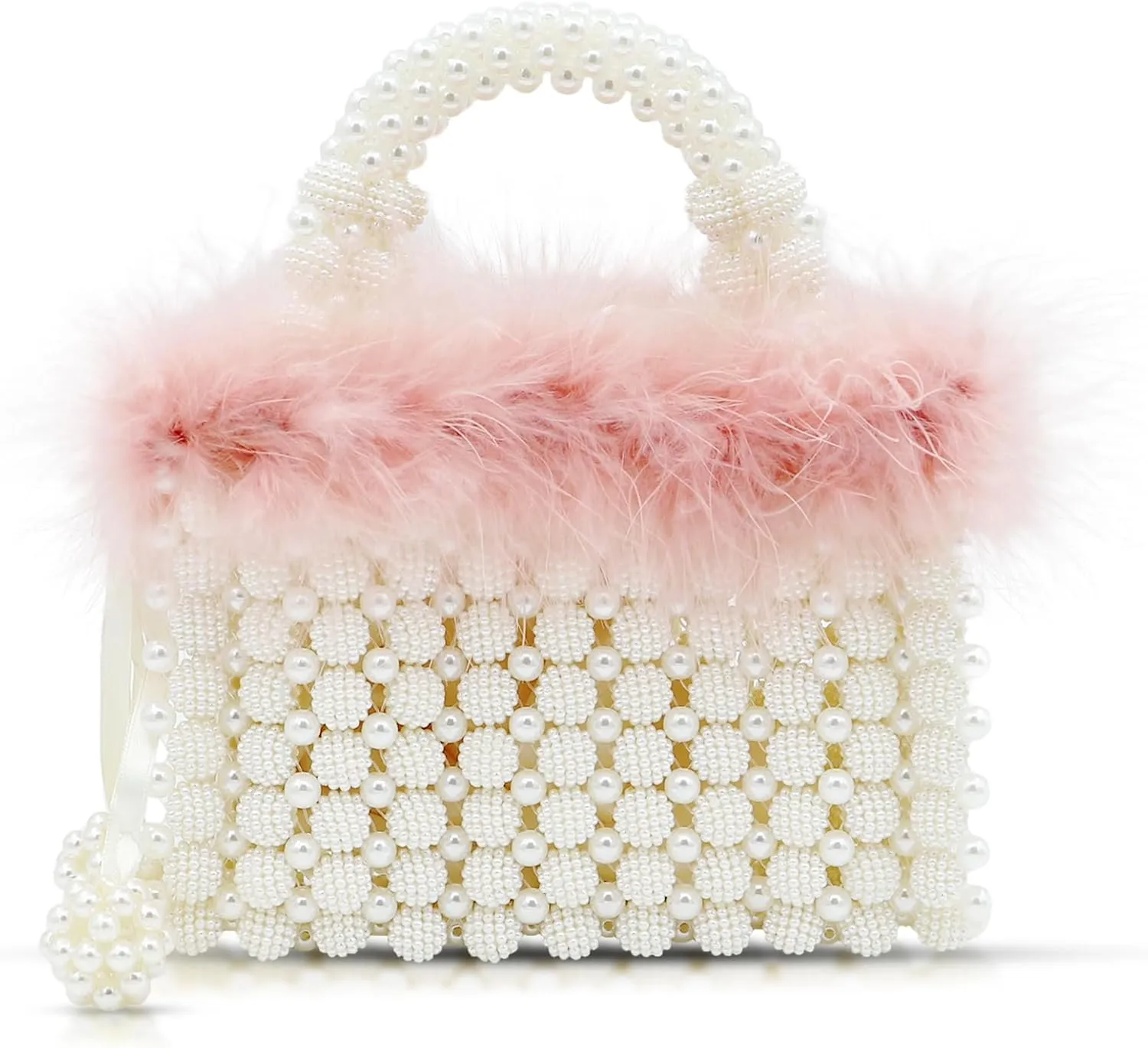 Women Pearl Purse,Evening Bags, Artificial Pearl Clutch, Square Pink Feather Handbags, White Purse for Party Wedding Travel